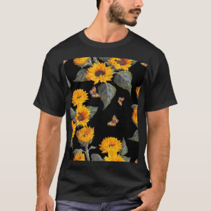 Sonnenblumen und Schmetterlinge: Schwarzer Untergr T-Shirt