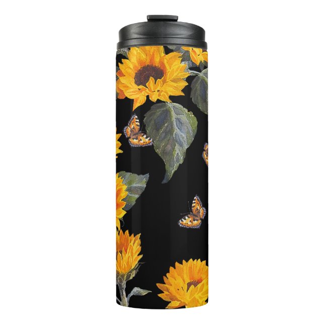 Sonnenblumen und Schmetterlinge: Schwarzer Untergr Thermosbecher (Vorderseite)