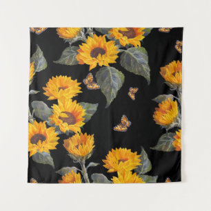 Sonnenblumen und Schmetterlinge: Schwarzer Untergr Wandteppich