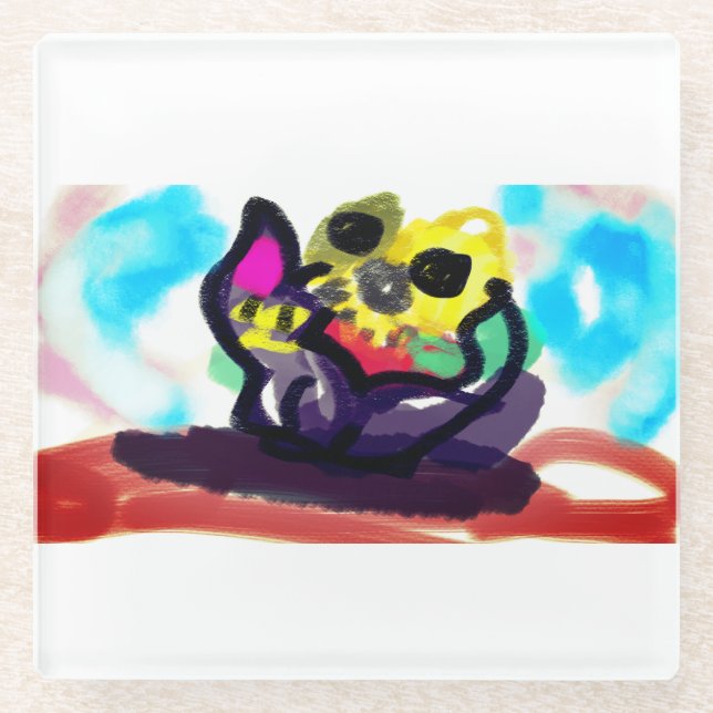 Sonnenblumen und Schwarze Katze Glasuntersetzer (Vorderseite)