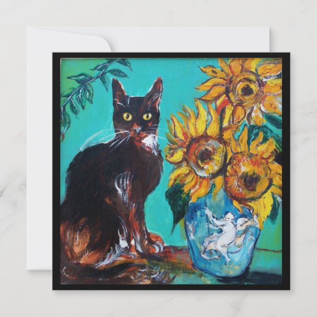 SONNENBLUMEN UND SCHWARZE KATZE IM AQUAMARINEN Par Einladung (Vorderseite)