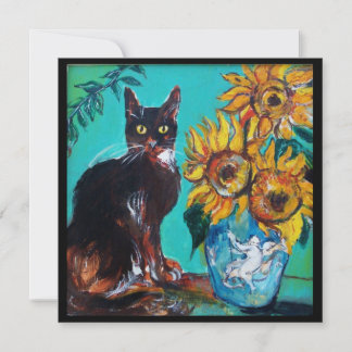 SONNENBLUMEN UND SCHWARZE KATZE IM AQUAMARINEN Par Einladung