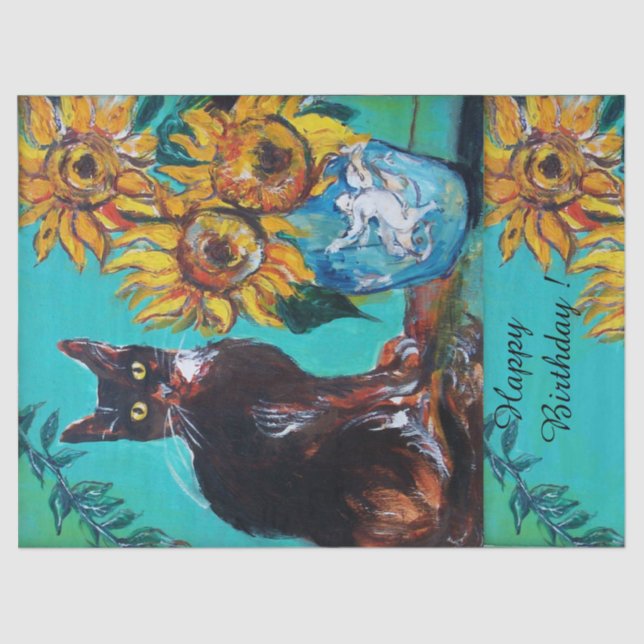 SONNENBLUMEN UND SCHWARZE KATZE IN BLAUE AQUAMARIN SEIDENPAPIER (Vorderseite)