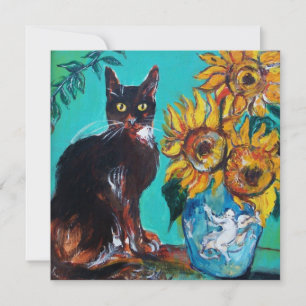 SONNENBLUMEN UND SCHWARZE KATZE IN BLAUGRÜN Sommer Einladung