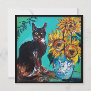 SONNENBLUMEN UND SCHWARZE KATZE IN BLAUGRÜN Sommer Einladung