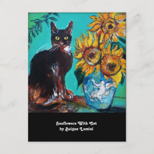 SONNENBLUMEN UND SCHWARZE KATZE IN BLAUGRÜN Sommer Einladungspostkarte