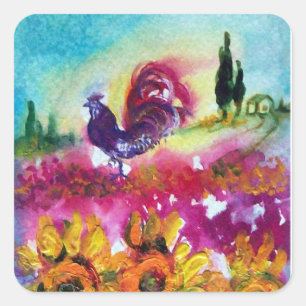SONNENBLUMEN UND SCHWARZE ROOSTER QUADRATISCHER AUFKLEBER