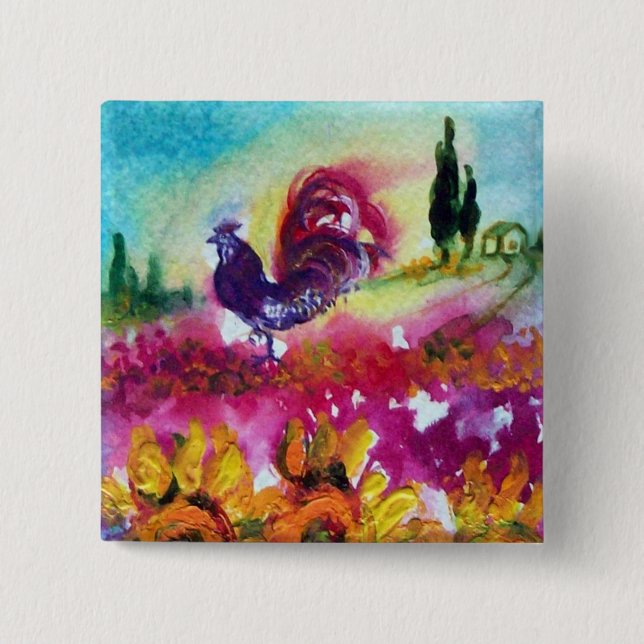 SONNENBLUMEN UND SCHWARZE ROOSTER Toskana Landscha Button (Vorderseite)