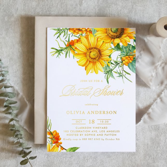 Sonnenblumen und Sea Buckthorn Fall Brautparty Folieneinladung (Botanical bridal shower gold foil invitation featuring illustrations of sunflower and sea buckthorn.)