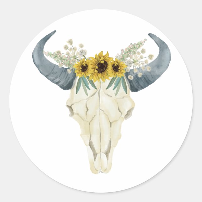 Sonnenblumen und Stickereien für Bullskull Runder Aufkleber (Vorderseite)
