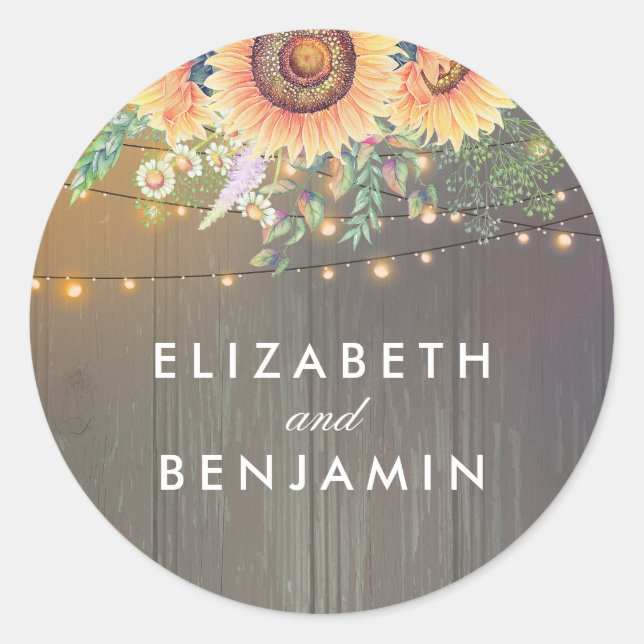 Sonnenblumen und Streichelleuchten Rustikaler Holz Runder Aufkleber (Vorderseite)