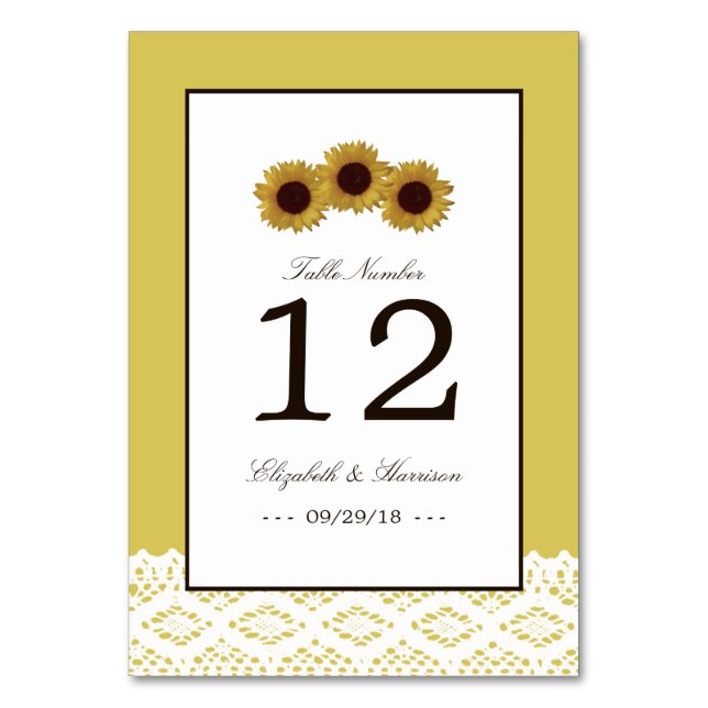 Sonnenblumen und Vintage Spitzen-Hochzeitstisch Nr Tischnummer (Vorderseite)