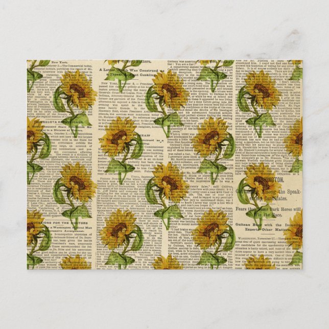 Sonnenblumen und Vintages Newsprint Postkarte (Vorderseite)
