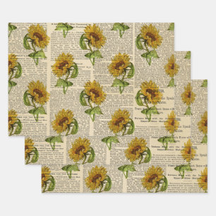 Sonnenblumen und Vintages Zeitungspapier Geschenkpapier Set