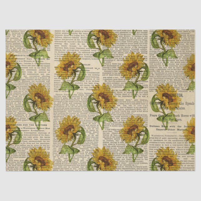 Sonnenblumen und Vintages Zeitungspapier Seidenpapier (Vorderseite)