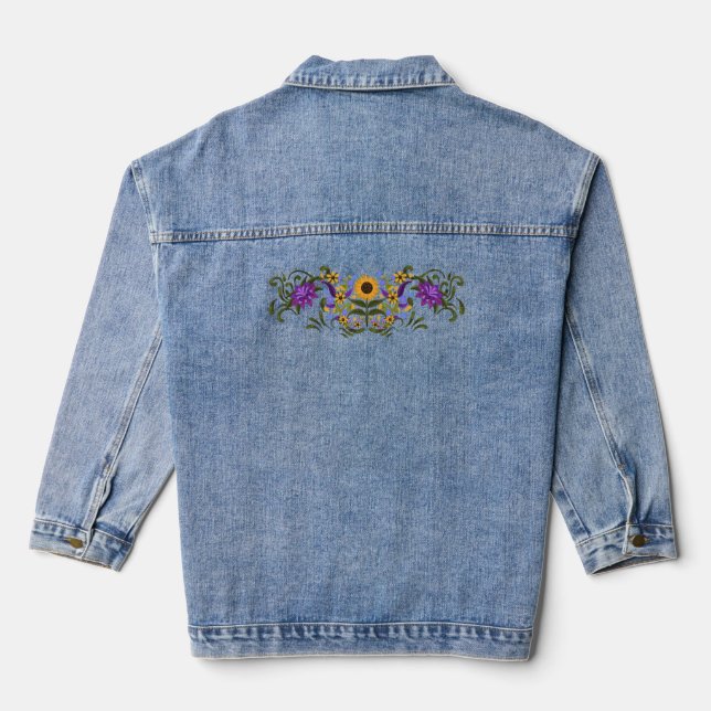Sonnenblumen und Violetten Boho Blumenstrauß Jeansjacke (Rückseite)