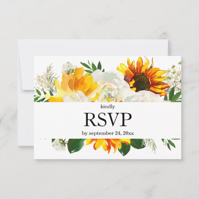Sonnenblumen und Weiße Flora mit Mahlzeiten Option RSVP Karte (Vorderseite)