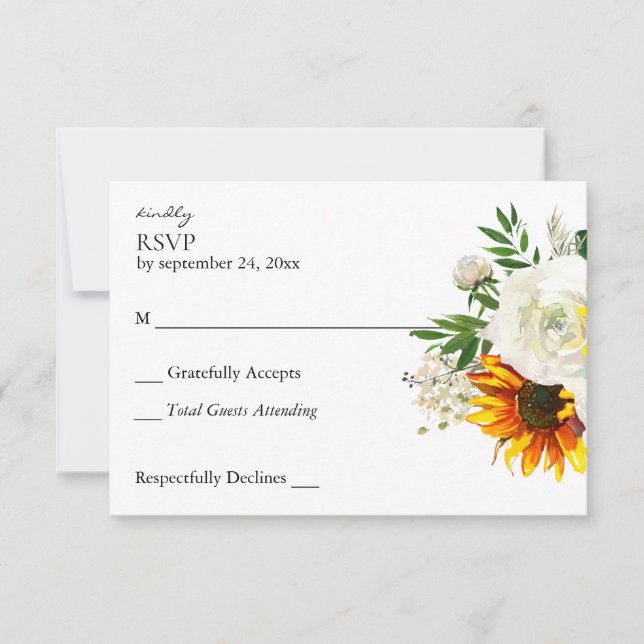 Sonnenblumen und Weiße Rosen Künstlerisch RSVP Karte (Vorderseite)