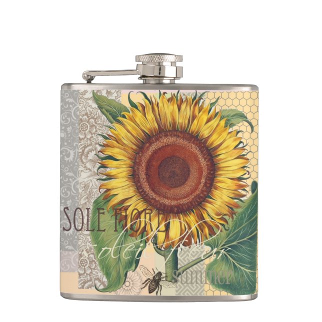 Sonnenblumen Vintag Damask Blume Art Flachmann (Vorderseite)