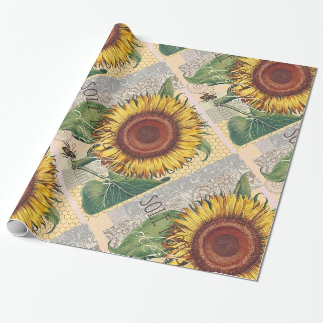 Sonnenblumen Vintag Damask Blume Art Geschenkpapier (Ungerollt)