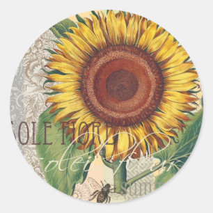 Sonnenblumen Vintag Damask Blume Art Runder Aufkleber