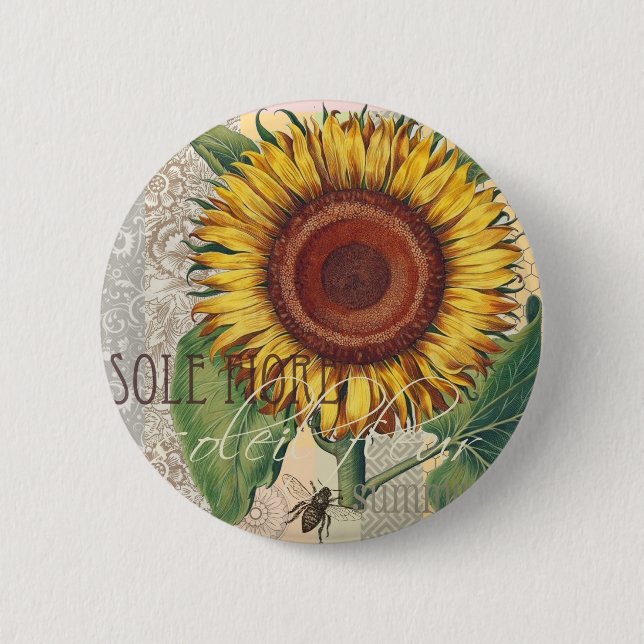 Sonnenblumen Vintag Damask Blume Muster Art Button (Vorderseite)