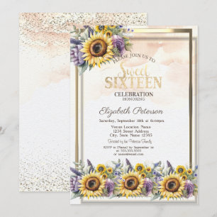 Sonnenblumen Violette Blumen Rahmen Sweet 16 Einladung