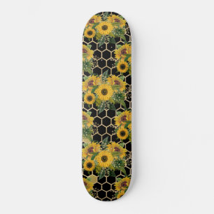 Sonnenblumen Waben Blumenmuster Schwarz Skateboard