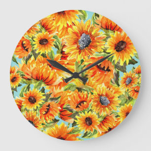 Sonnenblumen Wasserfarbe: Nahtlose Illustration Große Wanduhr