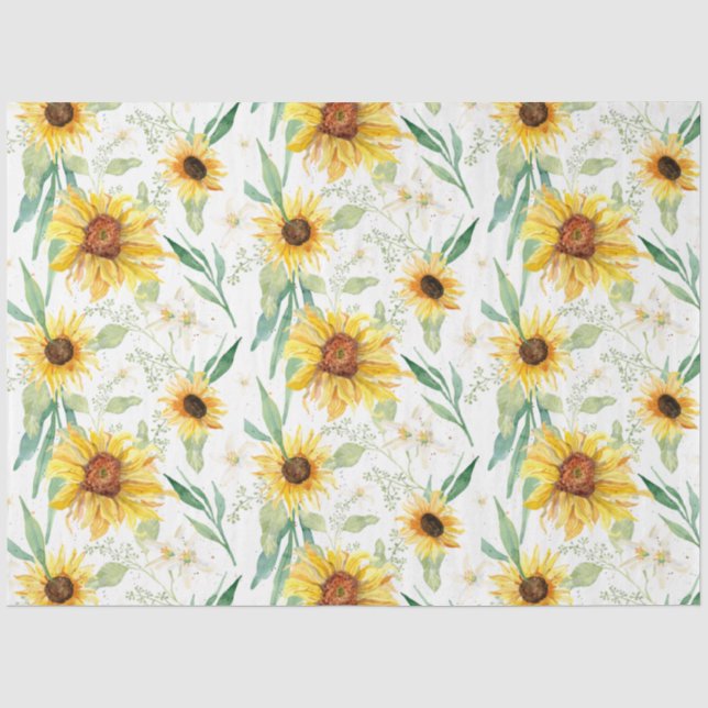 Sonnenblumen Wasserfarbe Rustikale weiße Decoupage Seidenpapier (Vorderseite)