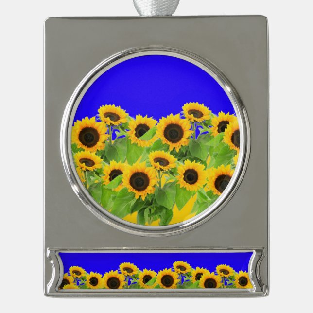 Sonnenblumen Weihnachtsschmuck Ukraine Flaggenfarb Banner-Ornament Silber (Vorderseite)