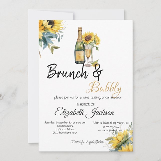 Sonnenblumen Wein Brunch & Bubbly Brautparty Einladung (Vorderseite)