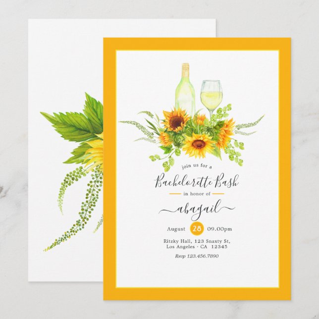 Sonnenblumen-Wein-Junggesellinnen-Abschiedsparty Einladung (Vorne/Hinten)