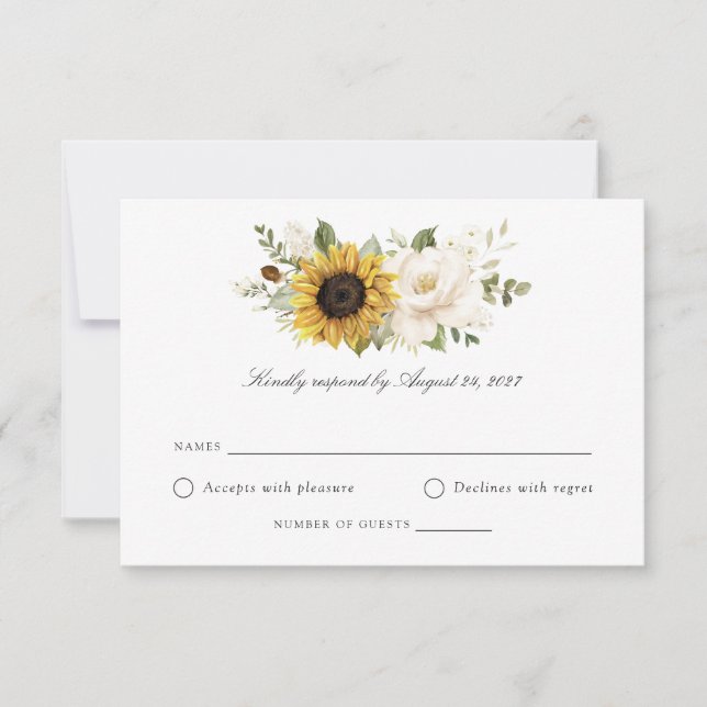 Sonnenblumen Weiße Blumengrün Hochzeit RSVP Karte (Vorderseite)