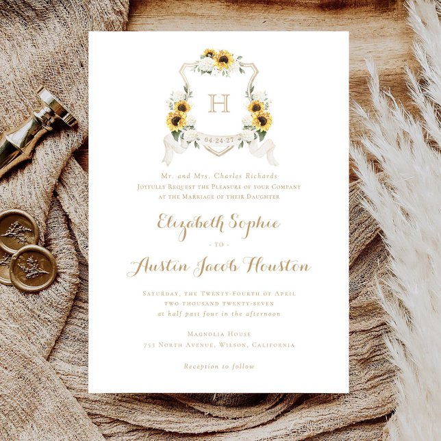 Sonnenblumen Weißes Hydrangea Grünes Wappen Hochze Einladung (Von Creator hochgeladen)