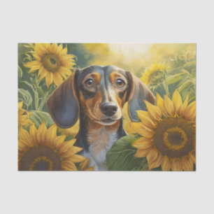 Sonnenblumen-Welpenliebe, schwarzes Dachshund-Seid Seidenpapier