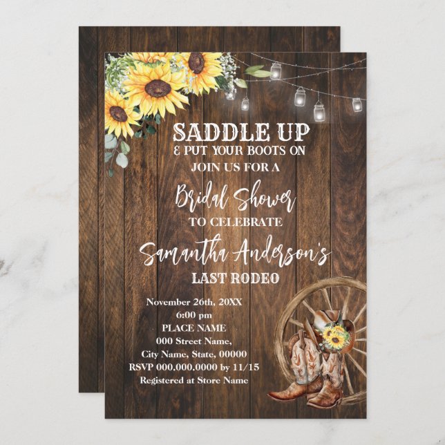 Sonnenblumen Western Cowgirl Sattel Up Brautparty Einladung (Vorne/Hinten)