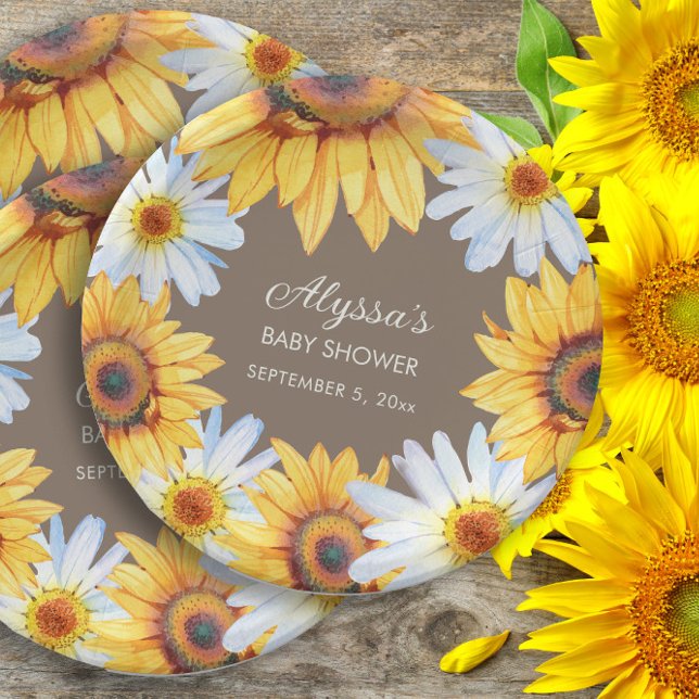 Sonnenblumen White Daisies Brown Babydusche Pappteller (Sunflowers and white daisies on brown custom baby shower paper plates. )
