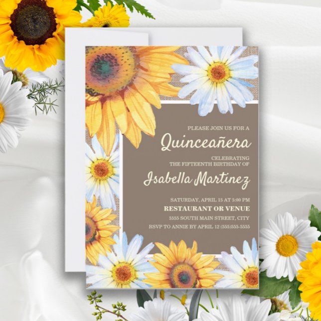 Sonnenblumen White Daisies Burlap Quinceañera 15. Einladung (Von Creator hochgeladen)