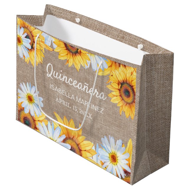 Sonnenblumen White Daisy Burlap Quinceñera Name Große Geschenktüte (Vorderseite Schrägansicht)