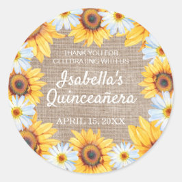 Sonnenblumen White Daisy Burlap Quinceñera Name Runder Aufkleber