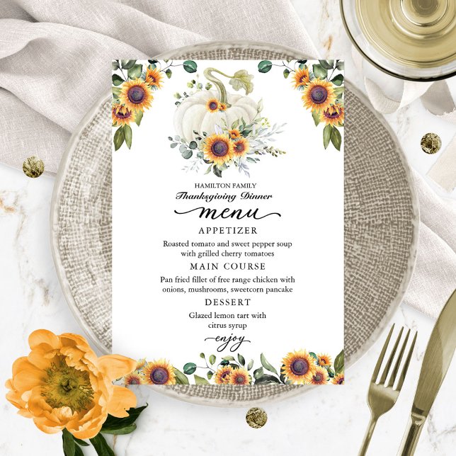 Sonnenblumen White Pumpkin Erntedank Dinner Menu Dankeskarte (Von Creator hochgeladen)