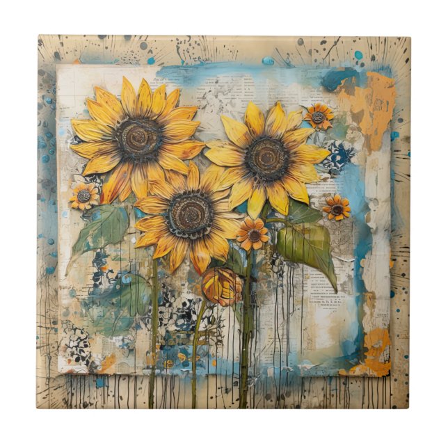 Sonnenblumen Wildblumen Blume Mixed Media Design Fliese (Vorderseite)