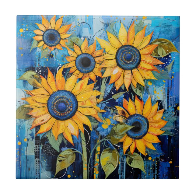 Sonnenblumen Wildblumen Blume Mixed Media Design Fliese (Vorderseite)