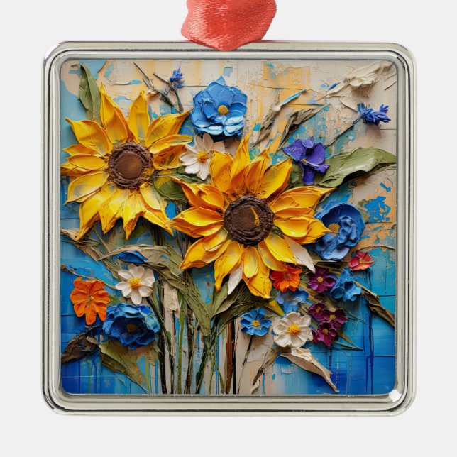 Sonnenblumen Wildblumen Blume Mixed Media Design Ornament Aus Metall (Vorne)