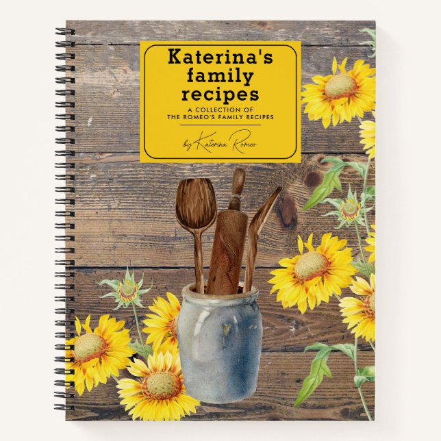 Sonnenblumen Wood Kitchen Utensils Familienrezepte Notizbuch (Vorderseite)