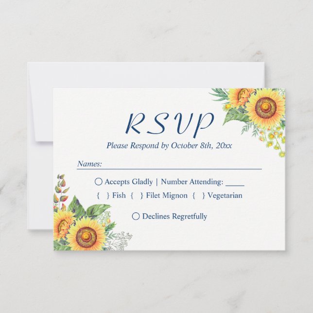 Sonnenblumen Yellow Navy Blue Rustic Wedding RSVP (Vorderseite)