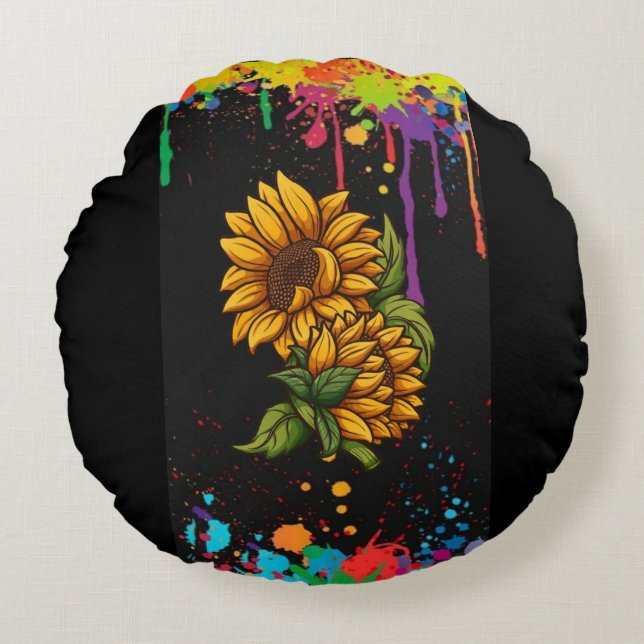Sonnenblumen, zeichnend Kunst, Sonnenblumen Liebe Rundes Kissen (Vorderseite)