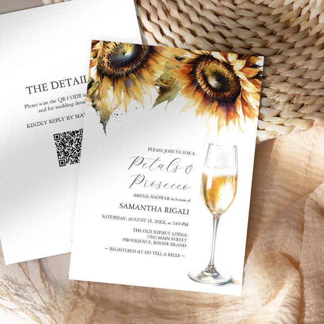 Sonnenblumenblätter und Prosecco Brautparty QR-Cod (Petals and Prosecco bridal shower invitations with qr-code and sunflowers by Victoria Grigaliunas)
