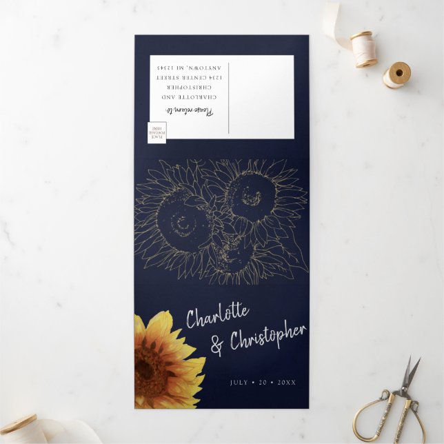Sonnenblumenblau in Aquarellfarben in einer Hochze Dreifach Gefaltete Einladung (Außenbereich)